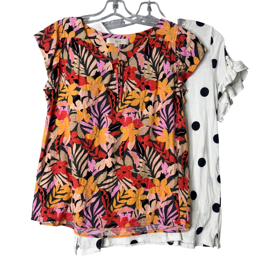 Loft Short Sleeve Top Womens M Multi Color Polka Dot Floral Boho Preppy Ruffle